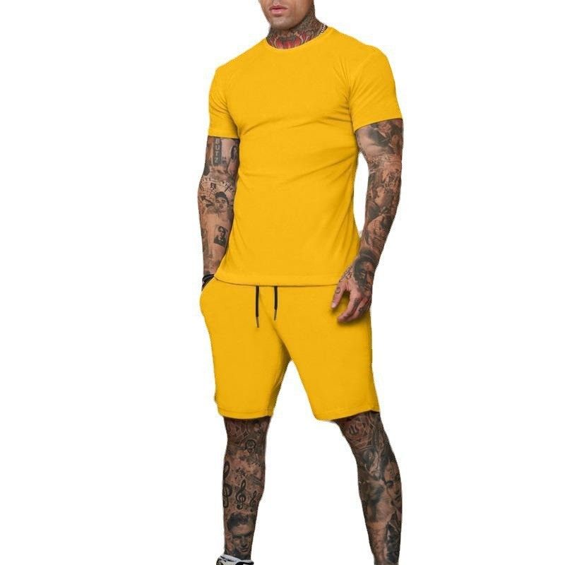 CT Hot Selling Solid Color T-Shirt + Five-Point Men's Summer Short Sleeve Shorts Set Breathable Style_voghion.com