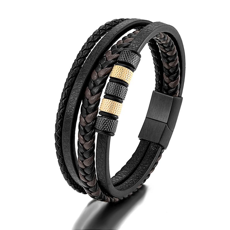 simple stainless steel leather rope bracelet popular multi layer black leather braided men's bracelet_voghion.com