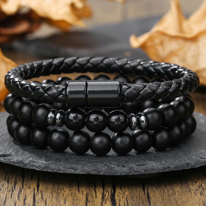 Neues Hip-Hop-Punk-Armbandset für Herren mit Perlen und schwarzem Achat, Tigerauge-Stein, Lederarmband mit magnetischer Schnalle_voghion.com