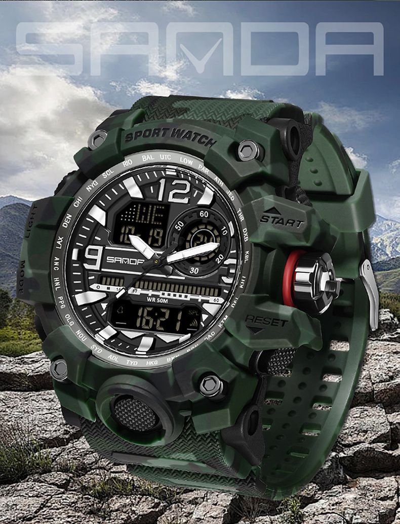 Orologio sportivo digitale mimetico robusto con doppio display, sveglia, cronometro e resistenza all'acqua fino a 50 m per uomo, orologio sportivo elettronico impermeabile_voghion.com
