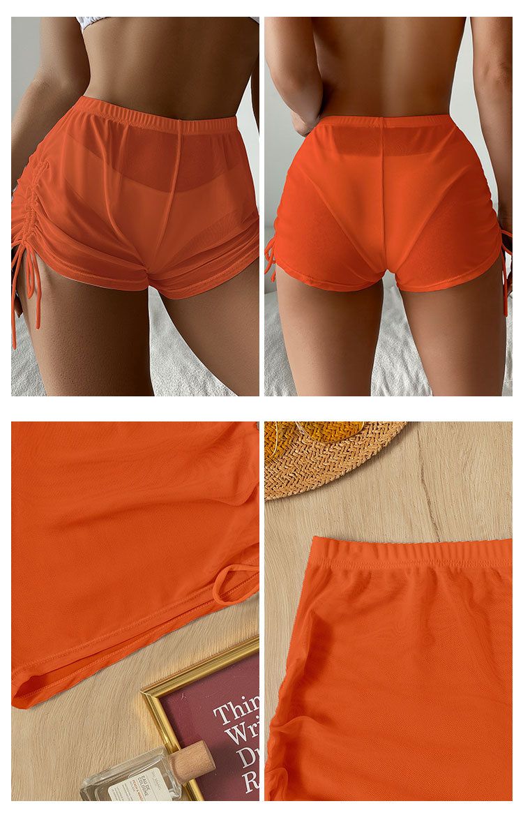 New European And American Sexy Solid Color Swimsuit Women's Four Corner Transparent Mesh Drawstring Beach Swimming Trunks Bikini Shorts_voghion.com