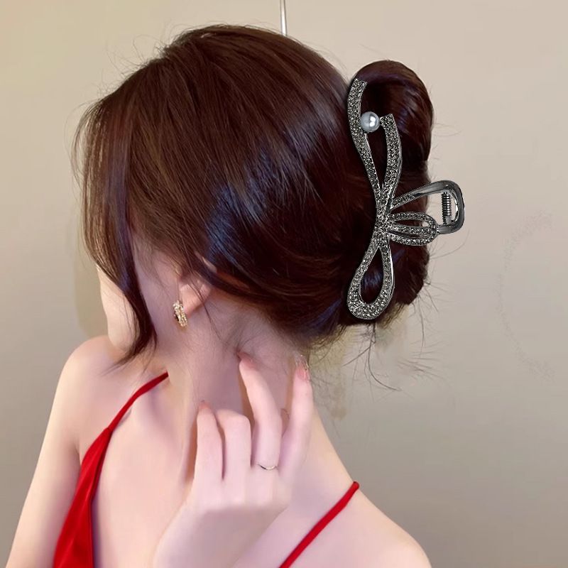 Fiocco a farfalla in metallo grande volume, semplice e alla moda, fermaglio per capelli con strass sulla parte posteriore della testa, fermaglio per squalo squisito_voghion.com