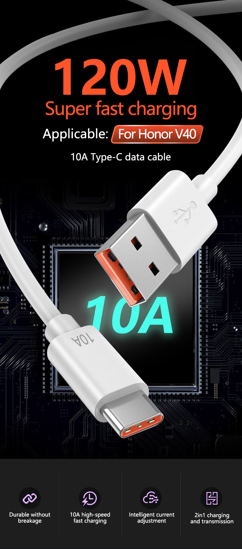 Cable tipo C de carga rápida de 10A, 120W, adecuado para Huawei P50 P40 P30 Xiaomi Samsung POCO PD 66W_voghion.com