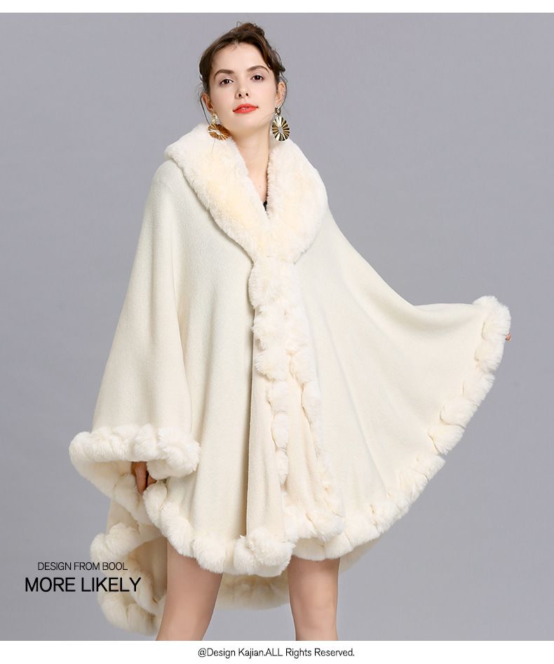 Eleganter Damen-Cape-Mantel mit Kunstpelzkragen – Übergroßer Strickjackenschal für Winter, Frühling und Herbst_voghion.com