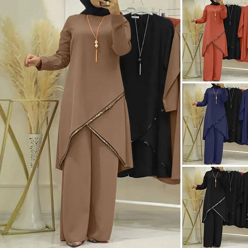 Women's Muslim two-piece long-sleeved O-neck long-sleeved shirt wide-leg pants suit casual solid women's suit_voghion.com