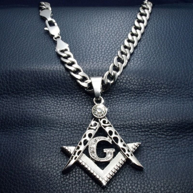 Men White Tone Stainless Steel Freemasonry Masonic Mason Pendant Free Chain Necklace_voghion.com