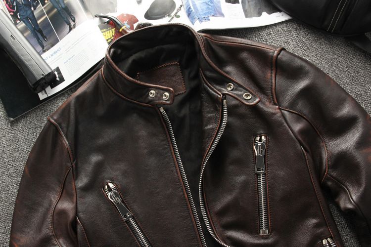 Jaqueta vintage de couro legítimo masculina - Jaqueta de motociclista marrom desgastada com gola alta e fecho de zíper_voghion.com