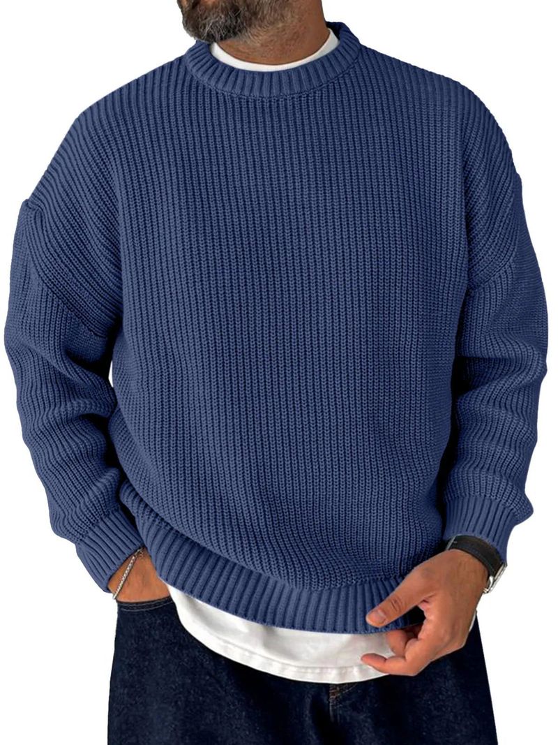Men's Oversized Knit Sweater – Relaxed Crewneck Cotton Blend Long Sleeve (S-5XL, 10 Minimalist Colors For Casual & Smart Looks)_voghion.com