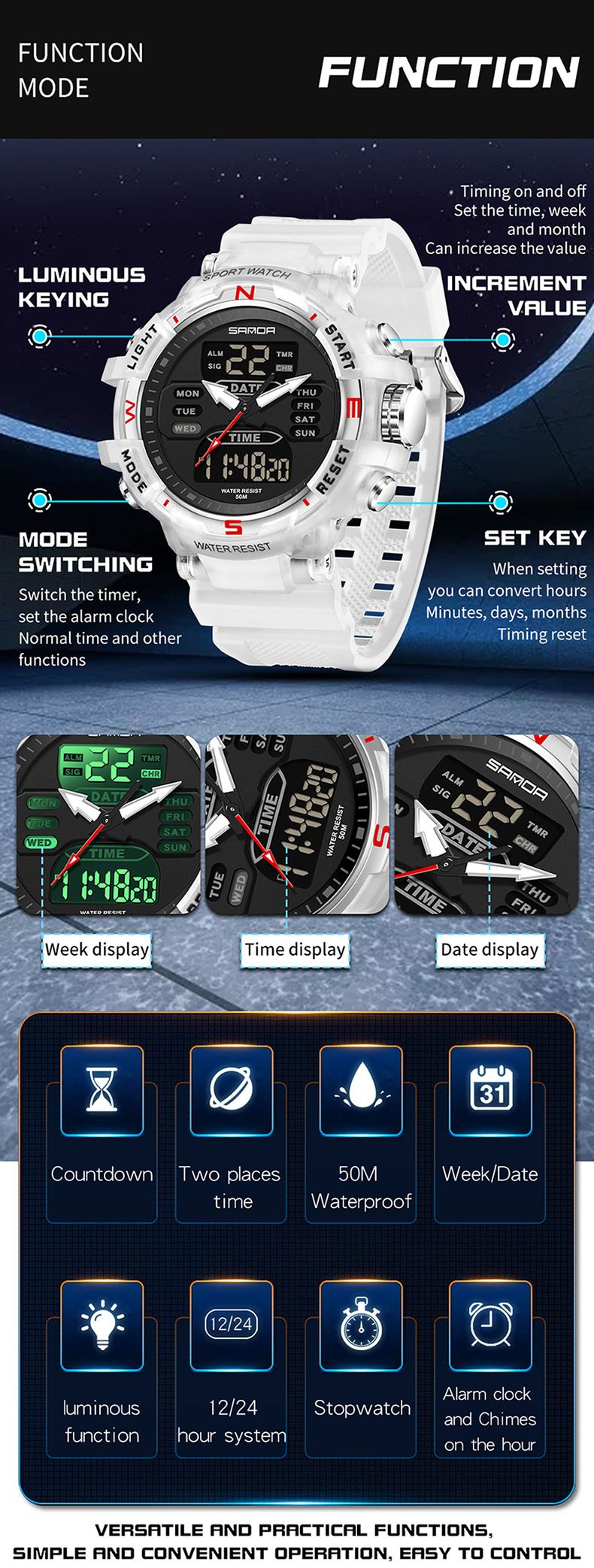 Unisex Digital Analog Watch With Alarm, Countdown, Dual Time, Waterproof & Glow-in-the-Dark For Casual & Sports Personality Watch_voghion.com