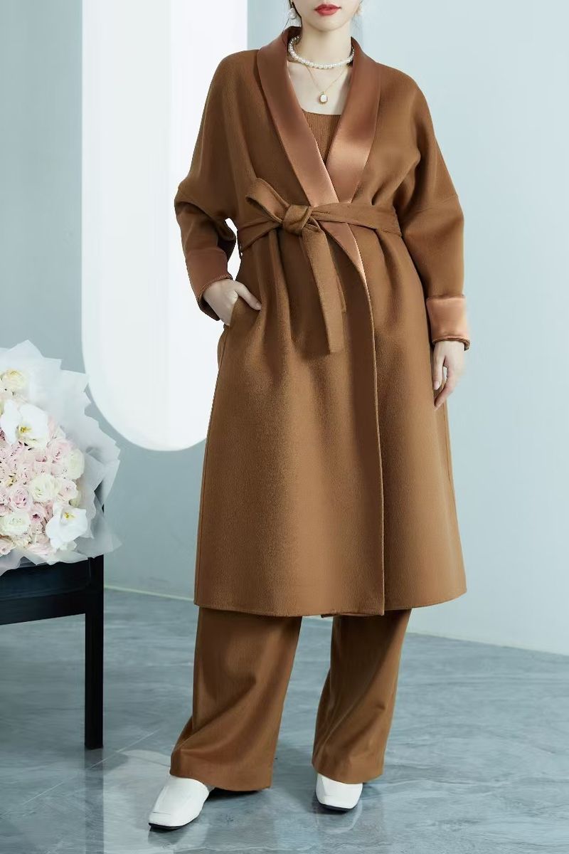 Tongxiang 2025 New Double Faced Cashmere Coat Women's Long Kimono Style Cross Lace Design Coat Woolen Coat_voghion.com