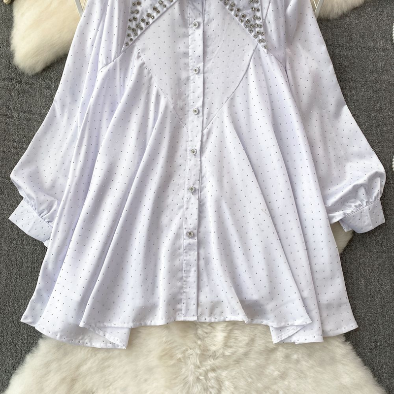 Maglietta monopetto ampia di media lunghezza con borchie, a maniche lunghe, leggera e di alta qualità, da donna, top casual da donna_voghion.com