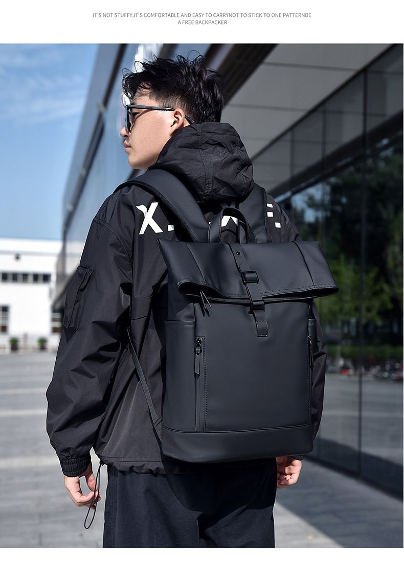 Unisex Waterproof Backpack With Roll Top – Lightweight Laptop Backpack For Travel, Commute & College – 35L Capacity, PU Material, Cushioned Straps_voghion.com