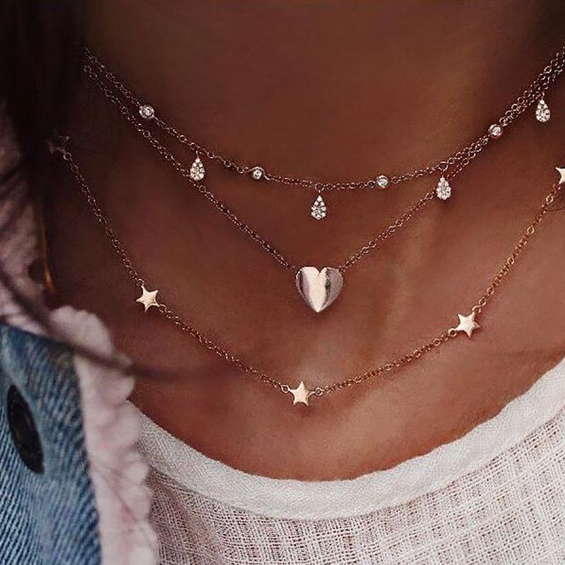 Jewelry New Fashion Gold Love Star Micro Diamond Multi Layered Necklace Ornament_voghion.com