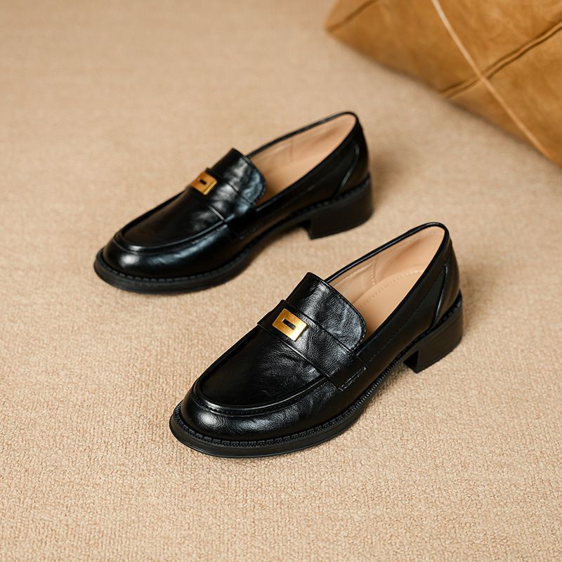 New Round Toe Chunky Heel Slip-On Leather British Style Metal Buckle Soft Sole Loafers Black Women's Shoes_voghion.com