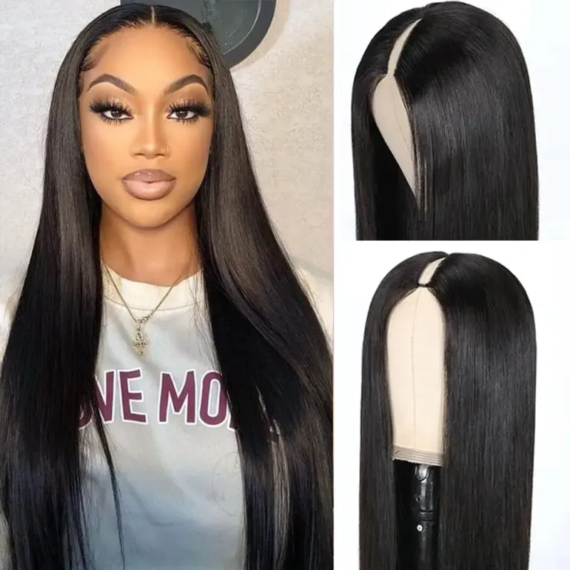 Peluca de cabello humano liso con parte en V, hecha a máquina, densidad del 180 %, color natural, peluca brasileña_voghion.com