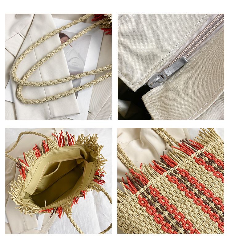 【Stile etnico】Borsa a tracolla alla moda in paglia color-block, borsa tote da vacanza di grande capacità_voghion.com