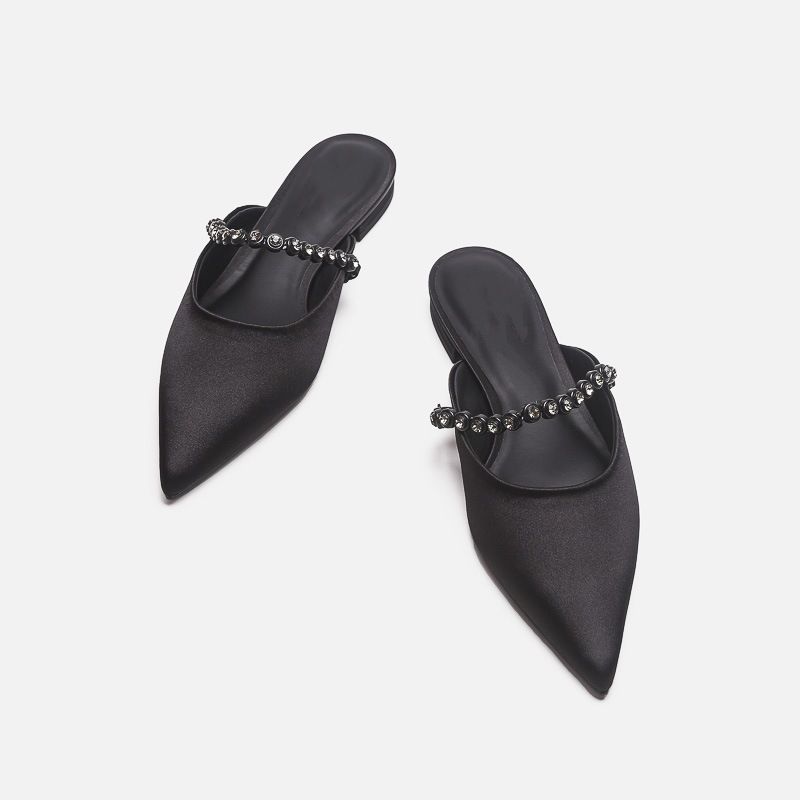 Lente en zomer edelsteenketting puntige zilveren schoenen dames outdoor stoffen halve pantoffels slanke platte muiltjes_voghion.com