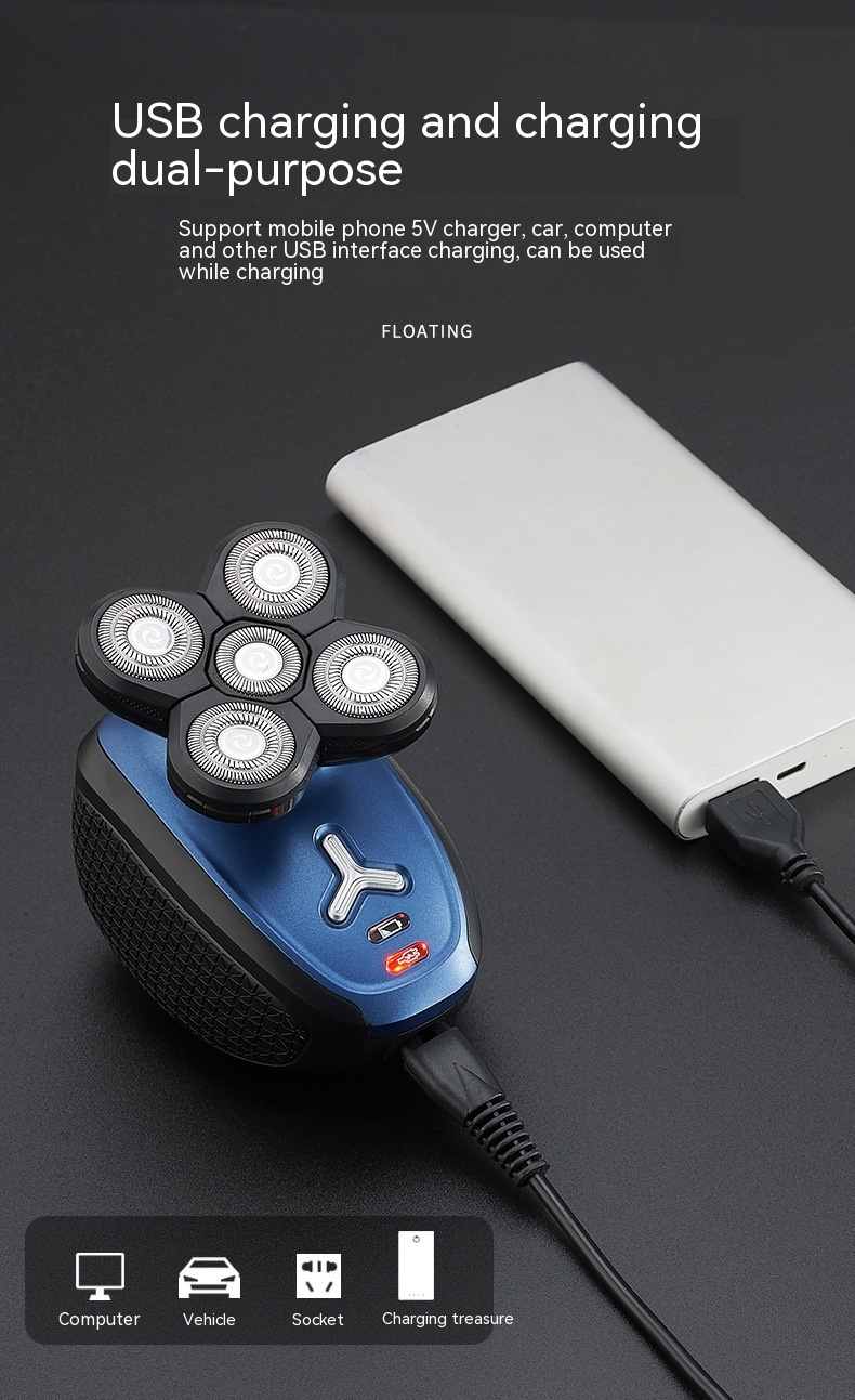 Original design new explosive popular men's multi-function razor USB rechargeable five-blade head push white push light razor_voghion.com