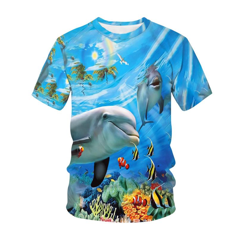 Camiseta masculina de verão com estampa 3D de golfinhos e animais subaquáticos, manga curta_voghion.com