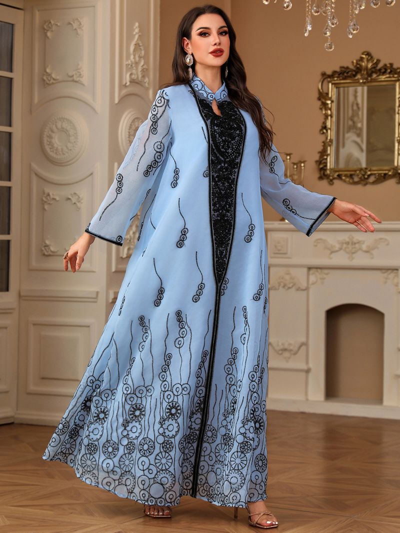 Exquisites besticktes Abaya-Kleid mit Pailletten und Applikationen – traditionelles arabisch-türkisches langes Gewand für Damen (Blau/Weiß, M-XXL)_voghion.com
