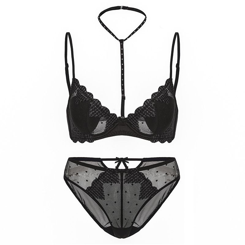 Women's Intimates Sexy Thin Halter Neck Love Mesh Embroidered Underwear Small Chest Big Push Up Bra Set_voghion.com