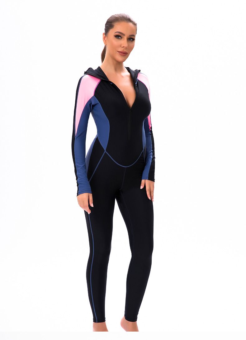 Cross Border New Color Matching One Piece Long Sleeved Sunscreen Women's Swimsuit Middle East Full Coverage Conservative Muslim Trousers Swimsuit_voghion.com