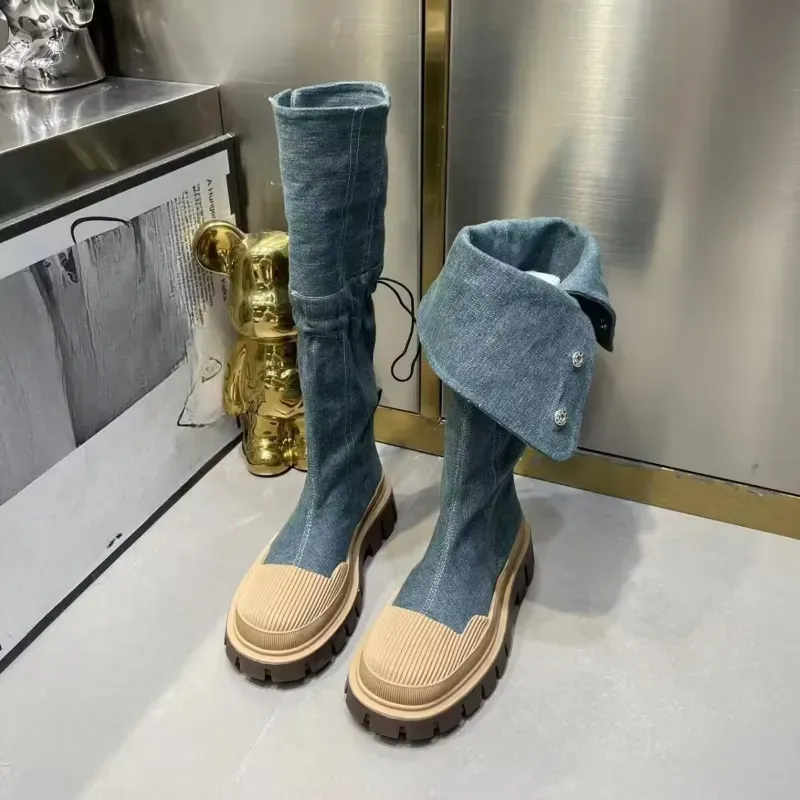 Retro Denim Chunky Platform For Women 2024 Autumn Patchwork Western Style Cowboy Boots Woman Thick Heels Mid Calf Botas_voghion.com