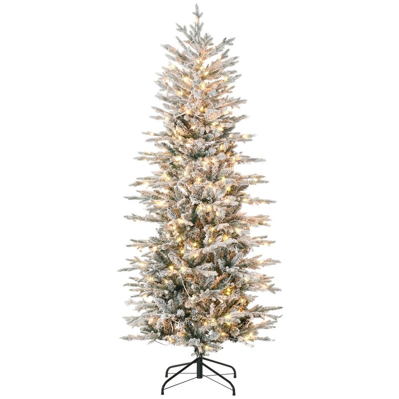 6ft Tall Prelit Artificial Christmas Tree Holiday Décor With 636 Snow Flocked Branches, 250 Warm Yellow Clear Lights, Auto Open, Extra Bulb_voghion.com