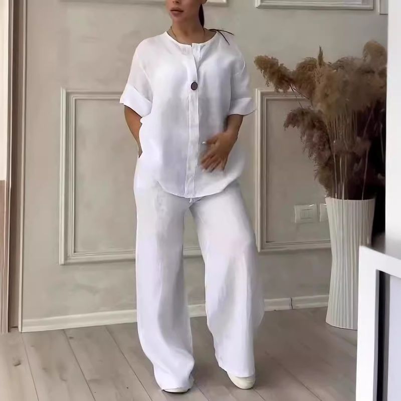 Women's Casual Linen Blend Long Sleeve Top & Wide Leg Pants Set - Breathable Comfortable Outfit For Work & Daily Wear_voghion.com