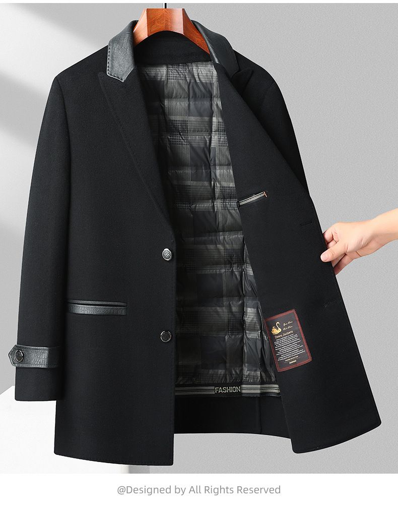 Men's Wool Blend Overcoat With Down Lining, Slim Fit, Double-Breasted, Mid-Length Winter Coat For Dad, Black & Grey_voghion.com