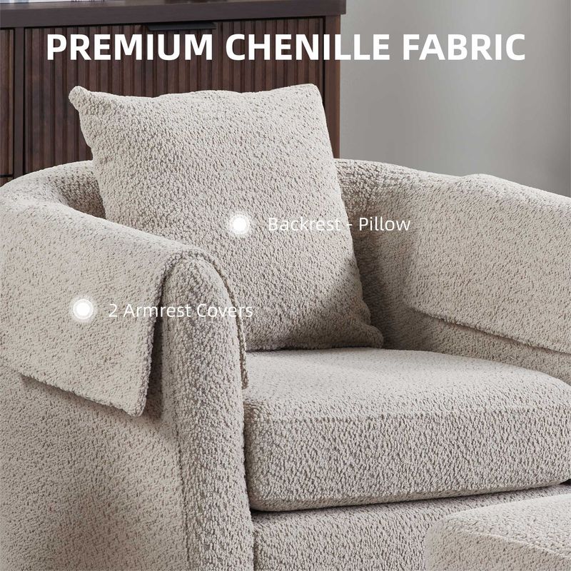 Swivel Accent Chair With Ottoman Set, Modern Chenille Barrel Armchair With Removable Back Pillow & 2 Armrest Covers For Living Room, Bedroom, Office, Gray_voghion.com
