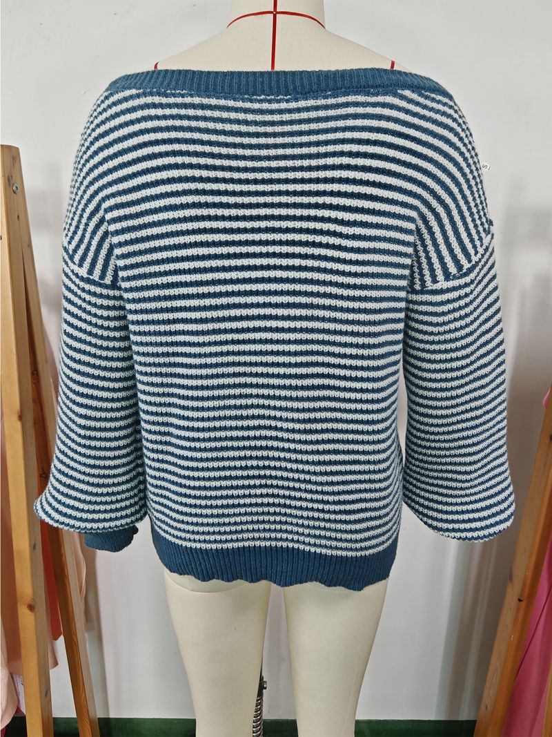 Maglione da donna in maglia con spalle scoperte, righe a blocchi di colore e maniche a lanterna – Vestibilità comoda e ampia per autunno e inverno_voghion.com