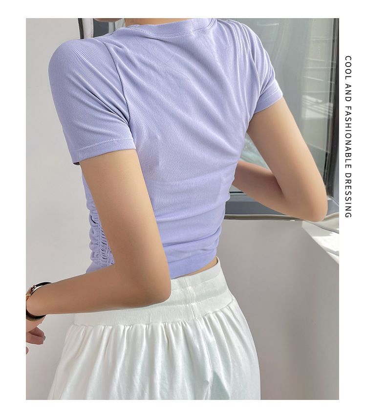 Maglietta sportiva a maniche corte da donna per yoga, asciugatura rapida e traspirante, per allenamento, pilates, spalle scoperte, moda dimagrante._voghion.com