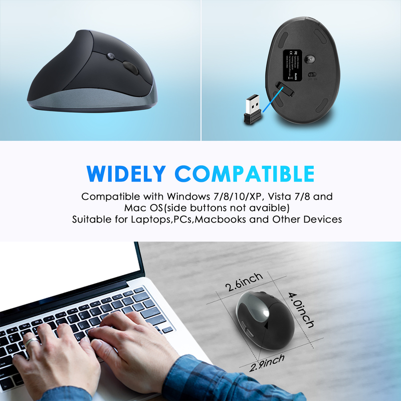 Mouse vertical ergonômico – sem fio 2.4G, 1600 DPI, programável com 6 teclas, recarregável/bateria, clique silencioso (preto/prata/rosa)_voghion.com