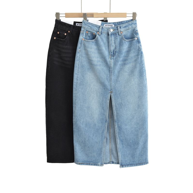 Jeansrock mit Schlitz vorne für Damen, neuer Retro-Hot-Girl-Stil, hohe Taille, schmaler, hüftgewickelter Midirock_voghion.com