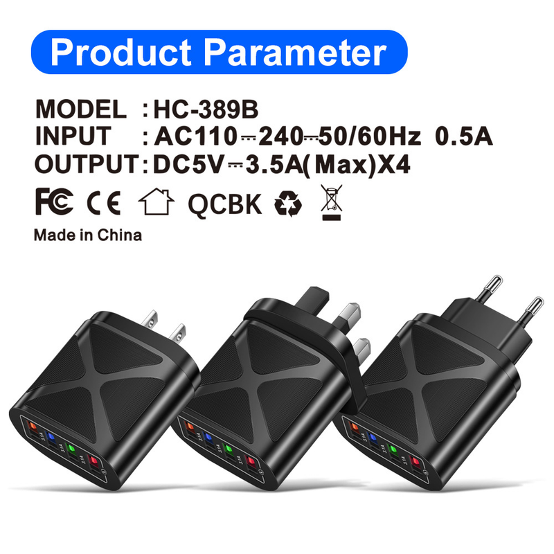 Chargeur de téléphone portable Music Festival Luminous 4USB Tête de charge de voyage 3A Chargeurs standards américains, européens et britanniques_voghion.com