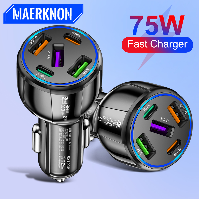 PD 75W 5 portos USB autós töltő gyorstöltő autós C-típusú telefon adapter alkalmas iPhone 14, 13, 12 Xiaomi, Huawei,_voghion.com