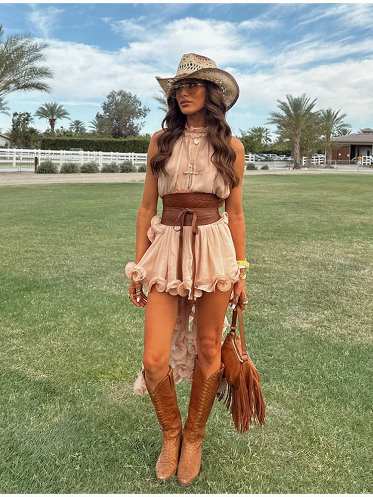 Completo gonna corta con top senza maniche con balze e bretelle in stile cowboy da donna_voghion.com