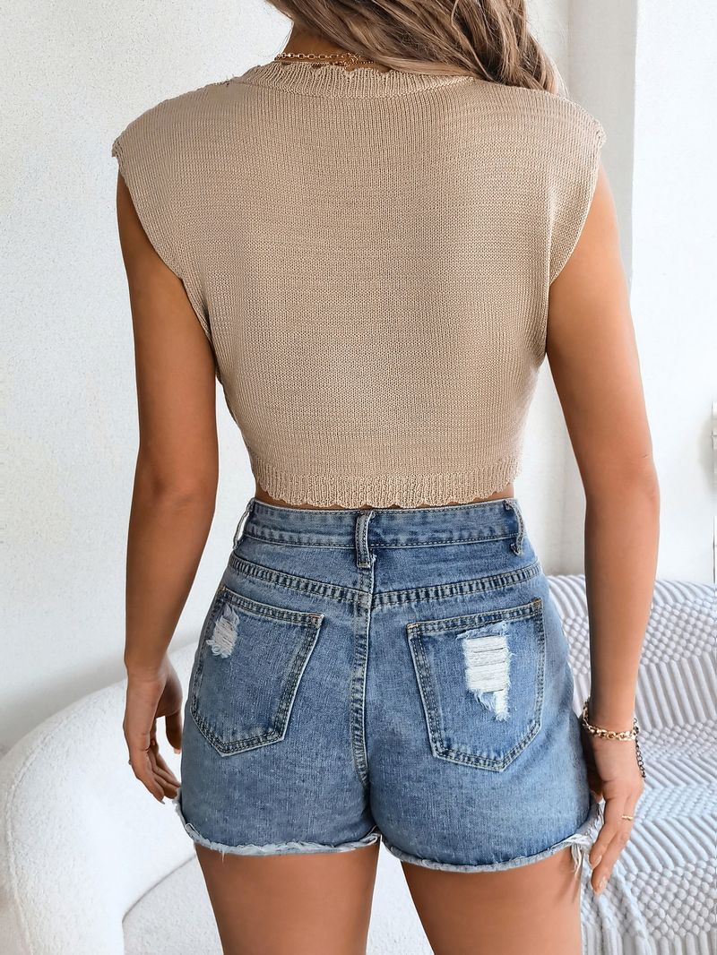 2024 Estate Nuovo Top in Maglia Corta Scavata Camicetta da Vacanza Moda Donna_voghion.com