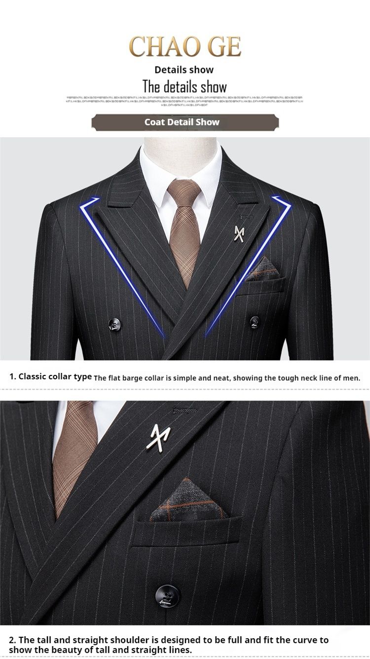 2024 Nuovo tre pezzi casual con colletto con fibbia, abito nero a righe coreano, completo da uomo slim fit_voghion.com