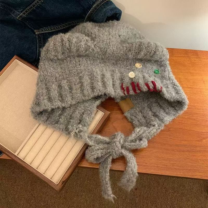 Women's Hats Autumn And Winter New Cute Button Bear Ear Knitted Hat Women's Plush Black Wool Hat Warm Ear Protection Hat_voghion.com