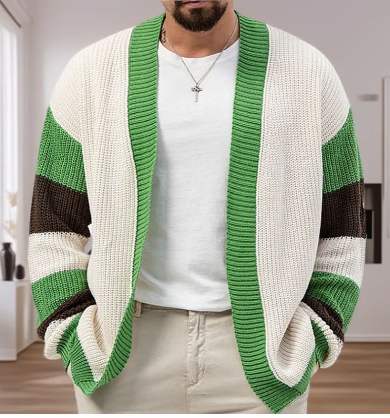 Cardigan tricoté pour homme - Pull oversize à blocs de couleurs, col en V en maille torsadée épaisse, manteau ouvert sur le devant pour un style streetwear décontracté._voghion.com
