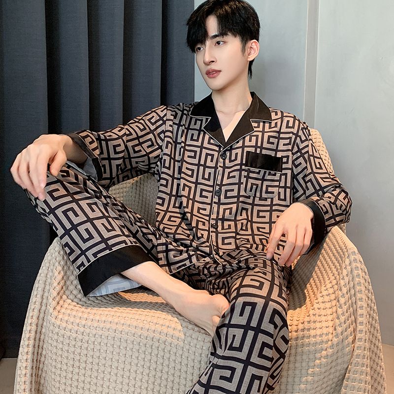 High End Pajamas For Men In Summer And Autumn, Thin Long Sleeved Pants, Cool Ice Silk Satin Material, Large-sized Casual Suit Set--XL_voghion.com