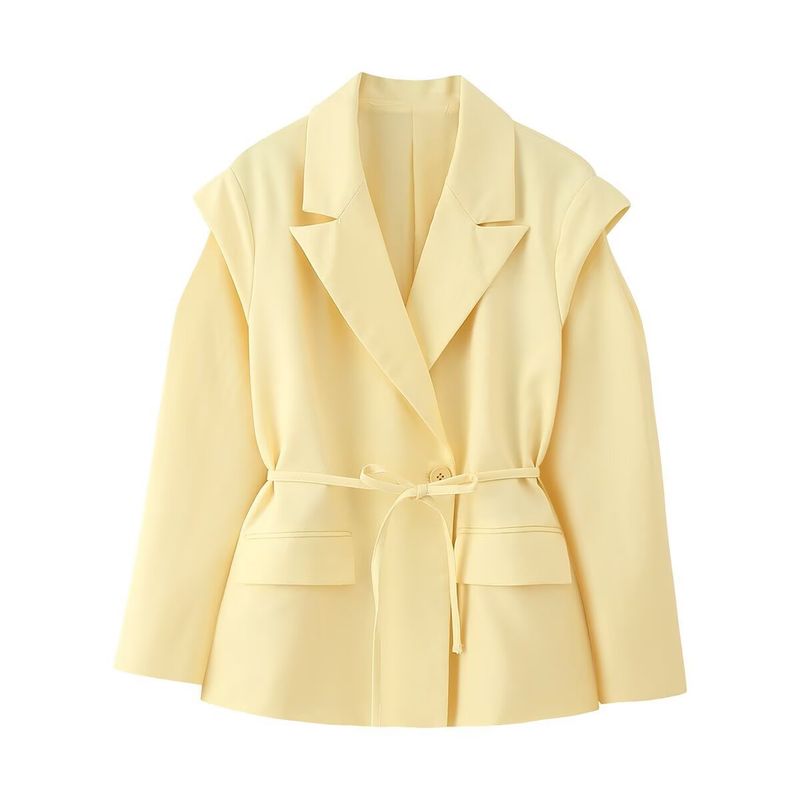 "Elegant Inspired Belted Blazer With Wide Shoulder Pads Stylish Ties Oversized Fit, Long Sleeve, Versatile Streetwear For Women (S/M/L, )_voghion.com