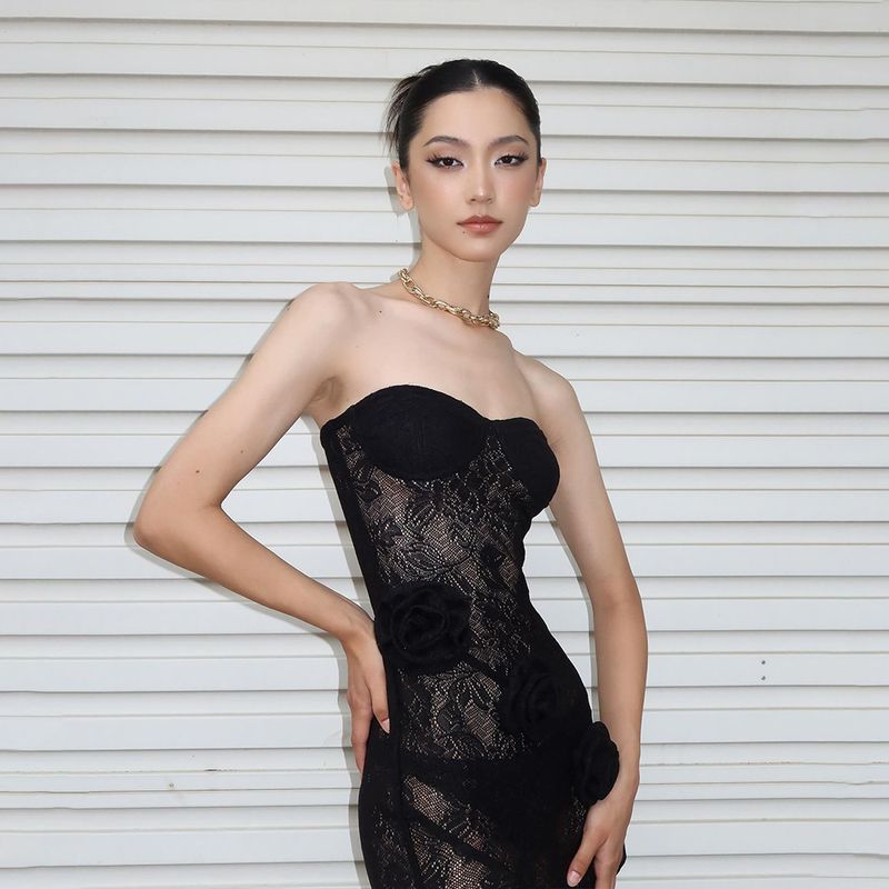 Abito da donna sexy, sottile e trasparente, in pizzo, con top a tubino autunnale e gonna lunga con coda di fiore tridimensionale_voghion.com
