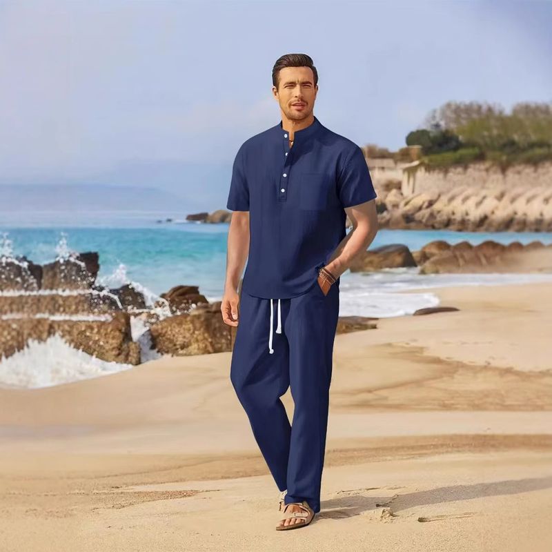 Ensemble pantalon ample décontracté en coton et manches courtes pour hommes printemps/été 2025_voghion.com