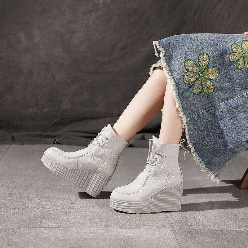 Trendy Brand Dark Soft Cowhide Women's Slip-On Short Thick-Soled Martin Genuine Leather Fashion Fleece-Lined Work Boots_voghion.com
