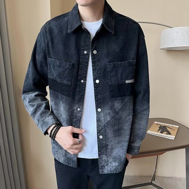 Herren-Jeansjacke im Ombre-Look – stylischer, lässiger Mantel im Hemd-Stil mit zweireihigem Design, lockere Passform für Frühling und Herbst_voghion.com