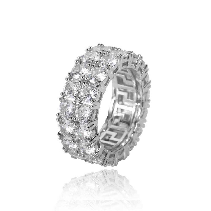 Men And Women's Jewelry Hip Hop Style Double Row Zircon Ring Geometric Design High-Quality Gold Tone Brass Statement Ring For Trendy Outfits_voghion.com