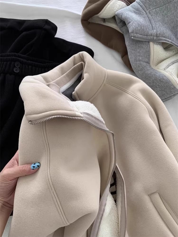 Winter Small Thickened Lamb Wool Sweatshirt Jacket For Women, Commuting Versatile Warm Casual Std Collar Zipper_voghion.com